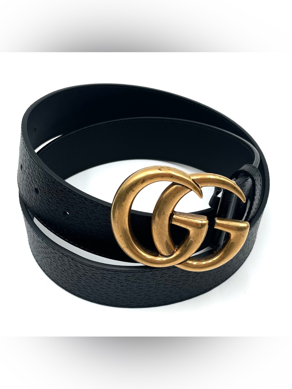 Gucci Black Leather Belt with Antique Gold Double G Buckle Size 95